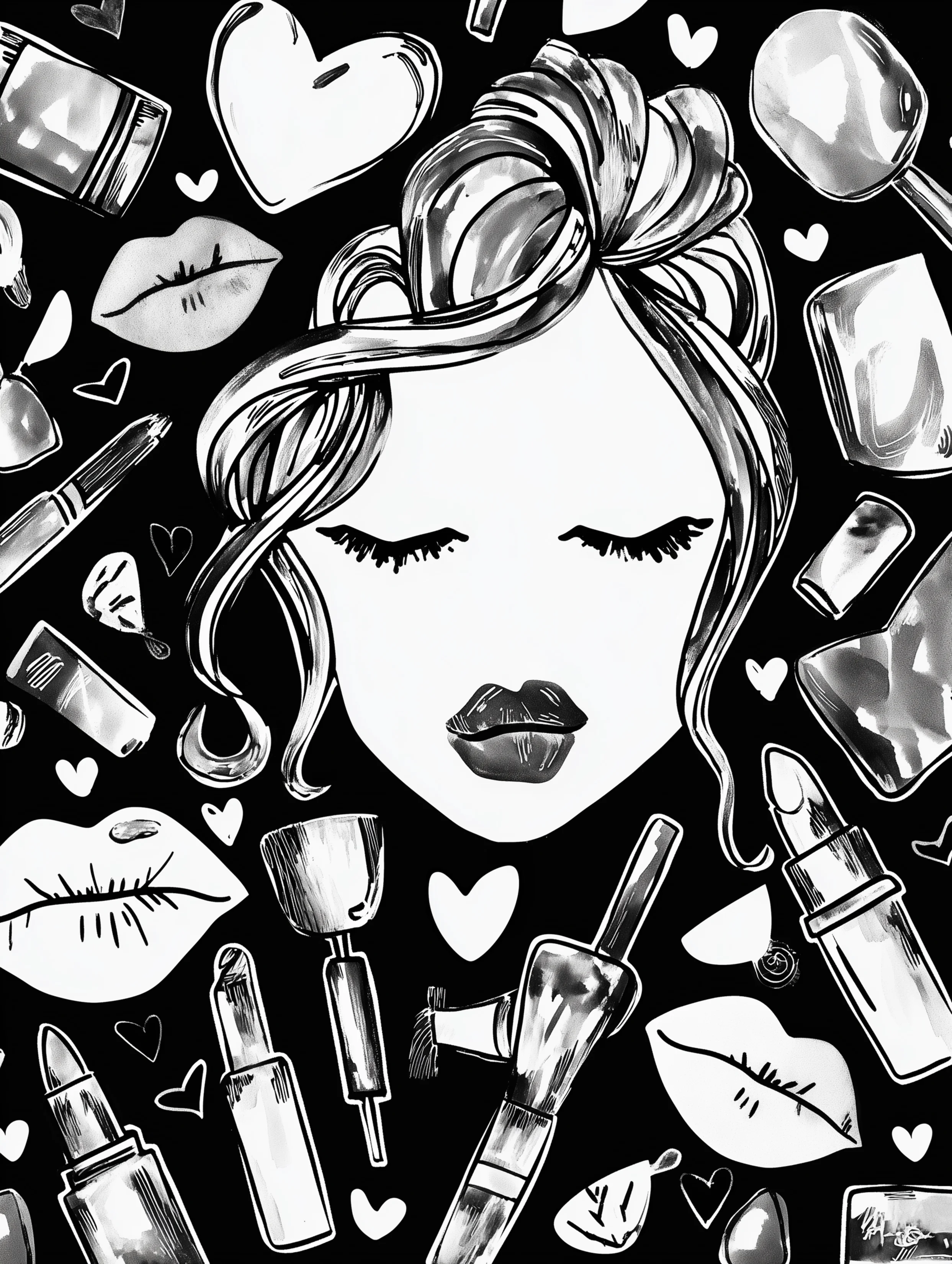 Free printable makeup coloring page for adults featuring a woman with closed eyes and makeup